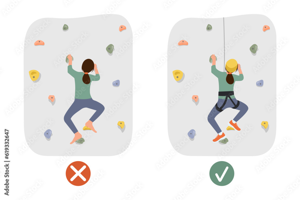 A climbing wall safety rules. Female athlete with rope training on climbing rock wall.Using