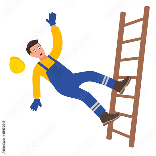 Worker in a helmet falling from step ladder. Industrial safety and occupational health at work.Vector Illustration