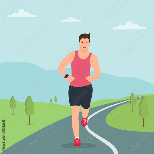 Attractive young man in sportswear running. Fitness and healthy lifestyle concept. Simple landscape background.  Flat vector illustration