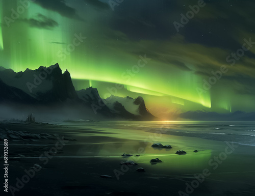 Multicolored northern lights, Aurora borealis on Canadian forest. Northern lights has green and white. Generative AI. © Surachetsh