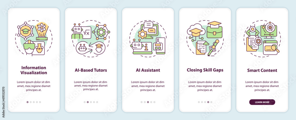 5 steps multicolor icons representing AI in education, graphic instructions with linear concepts, app screen.