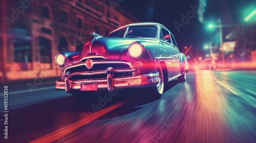 Car speed drive on the road in night city. Retro wave neon noir lights color toning Generative AI © Suleyman