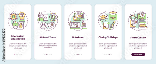 5 steps multicolor icons representing AI in education, graphic instructions with linear concepts, app screen.