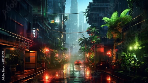 Night tropical city in cyberpunk style, neon light, tropical plants, rain, wet asphalt Generative AI