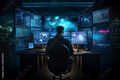 hacker front of his computer committing digital cybercrime, data fraud background concept, generative ai