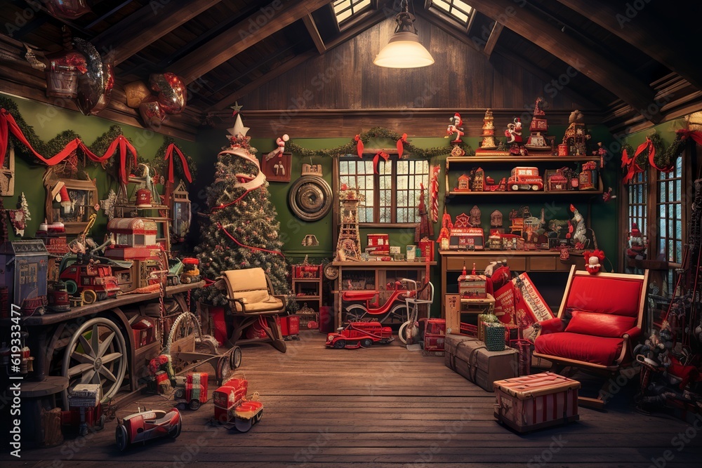 Obraz premium Santa Claus workshop, christmas interior background concept, generative ai