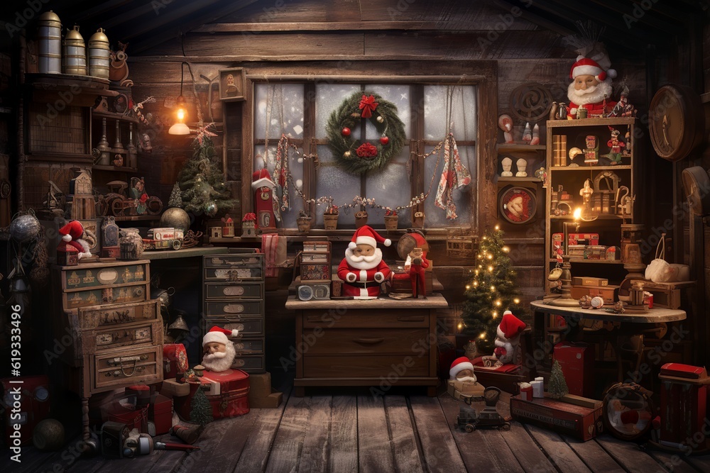 Santa Claus workshop, christmas interior background concept, generative ai