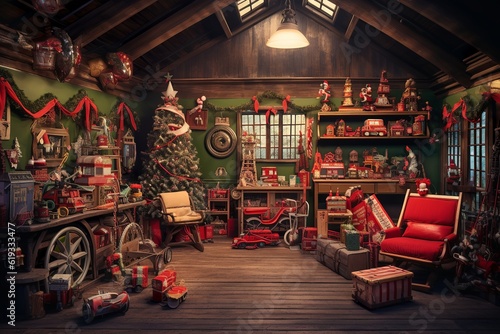 Santa Claus workshop, christmas interior background concept, generative ai photo