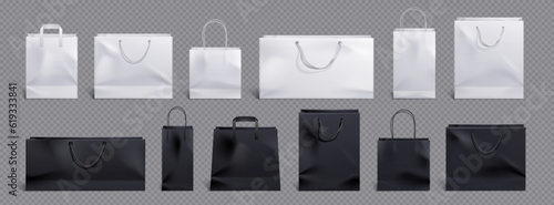 White and black paper bag and handle vector mockup. Shopping package mock up to carry food front view icon merchandising design collection. 3d retail reusable branding merchandise illustration