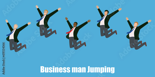 ビジネススーツを着た様々な人種の男性ビジネスマンがジャンプするフラットイラストセット。　成功、飛躍、跳躍のイメージ