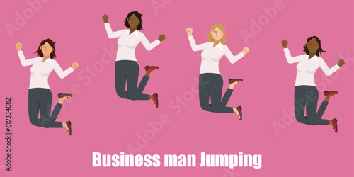ビジネススーツを着た様々な人種の女性のビジネスマンがジャンプするイラストセット。成功、飛躍、跳躍のイメージ
