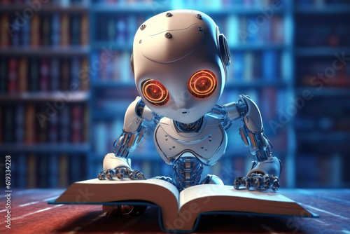 AI Learn Concept. Small Baby Robotic Futuristic Technology Drone Read the Book in Library extreme closeup. Generative AI.