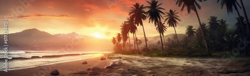 Sunset on the Ocean Sand Beach with Palm Trees Landscape extreme closeup. Generative AI