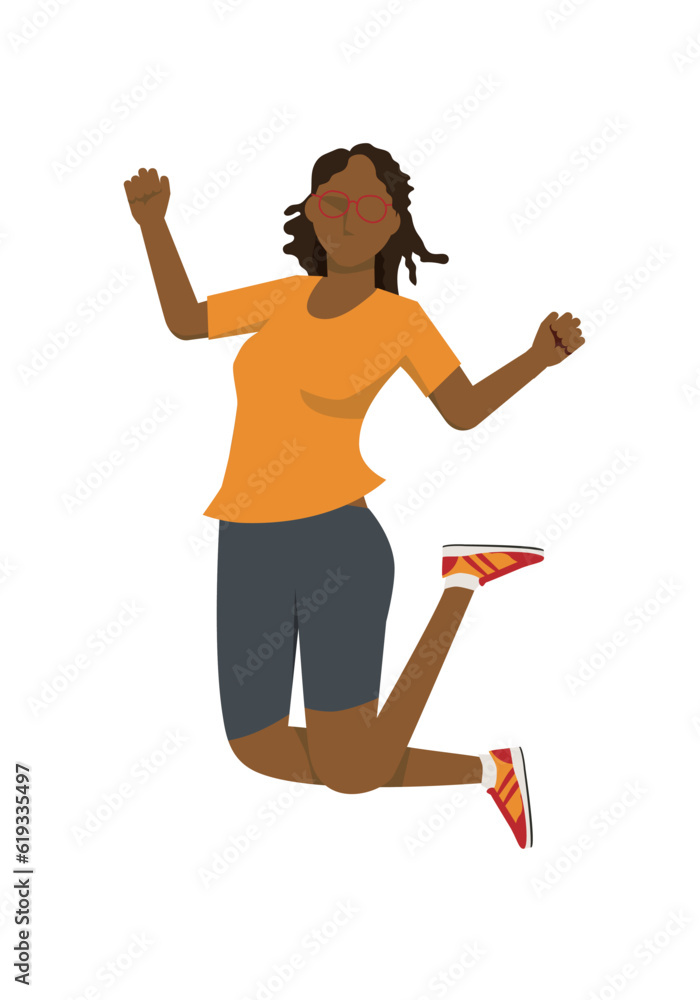 スポーツウエアを着た黒人女性がジャンプするフラットイラスト ダイエット、喜び成功飛躍跳躍のイメージ スポーツウエアを着た黒人女性がジャンプするフラットイラスト ダイエット、喜び成功飛躍跳躍のイメージ