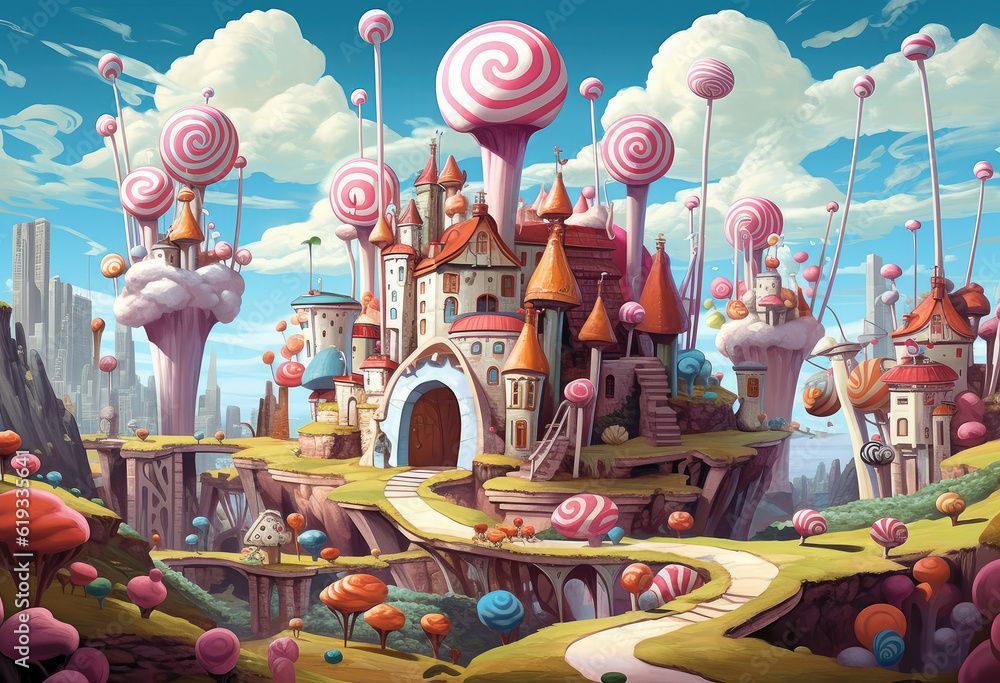 Colorful Cartoon Faity Lollipop Kingdom extreme closeup. Generative AI