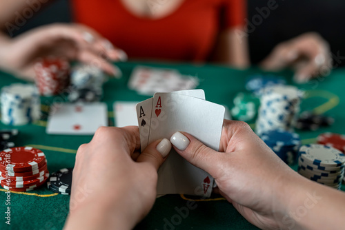 poker card in hands, play casino gambling concept,  luck and fortune
