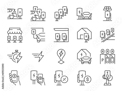 EV car icon set. It included an electric car, electric vehicle, ev charger, and more icons. Editable Vector Stroke.
