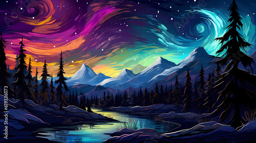 Hand-drawn cartoon beautiful illustration of outdoor snowy landscape under the starry sky in winter 