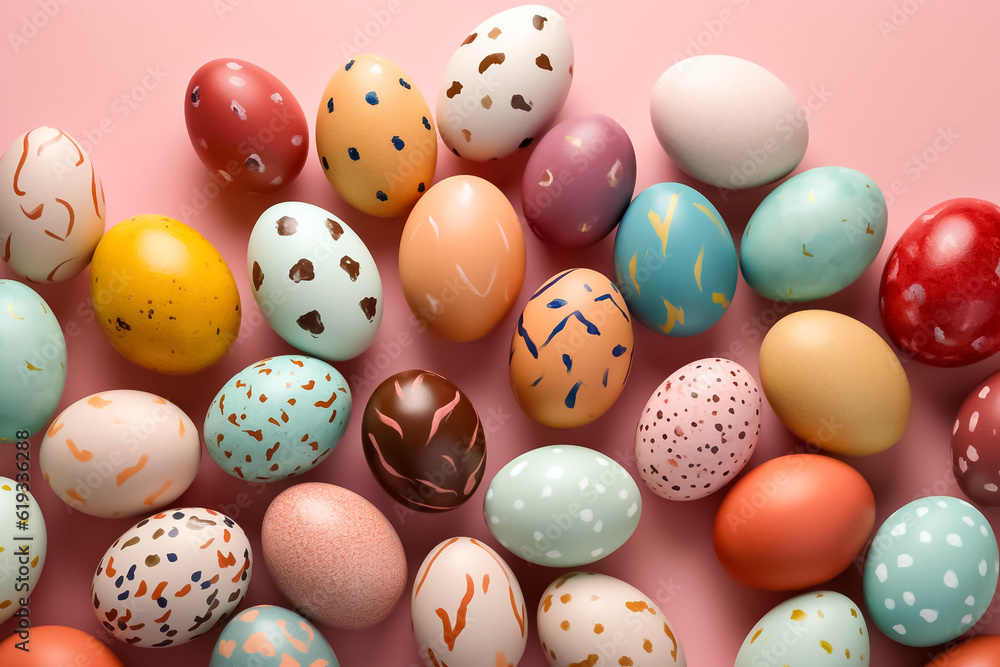 Perfect colorful handmade and beautiful Easter eggs background. Greetings and presents for Easter Day. Generative AI.