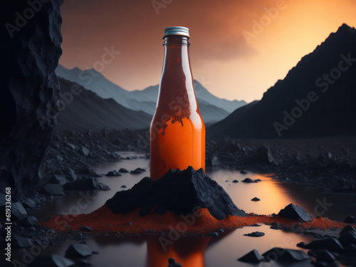 blank soda bottle podium mockup in lava stream for product presentation and lava mountain ground background.Generative AI.