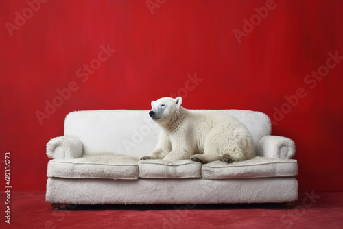 Cute Funny Polar White Bear on the White Couch in Red Empty Room extreme closeup. Generative AI