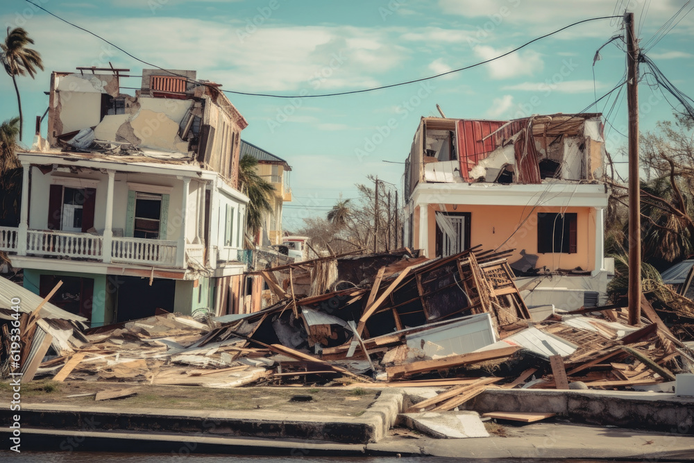 Collapsed Walls of Houses and Damaged Roofs Due to the Strongest Storm and Hurricane extreme closeup. Generative AI Collapsed Walls of Houses and Damaged Roofs Due to the Strongest Storm and Hurricane extreme closeup. Generative AI
