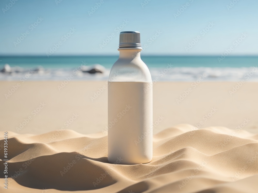 blank Empty drink bottle mockup in sand beach for product presentation and beach background.generative AI blank Empty drink bottle mockup in sand beach for product presentation and beach background.generative AI