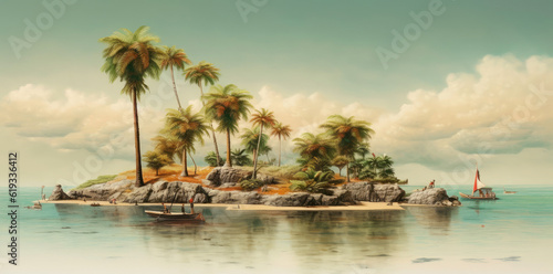 Small Tropical Island with Palm Trees in the Middle of the Ocean extreme closeup. Generative AI