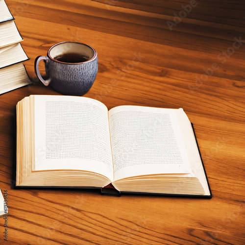 the book on the table with cup of coffee, tea background