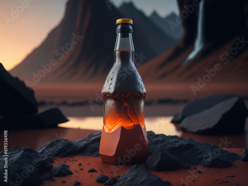 blank soda bottle podium mockup in lava stream for product presentation and lava mountain ground background.Generative AI.