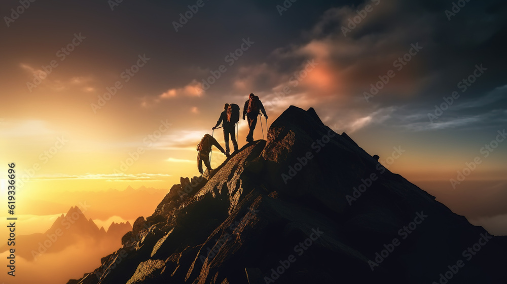 Fototapeta premium A Traveler, a Mountain Climber, a Person who Helps Others Overcome Obstacles and Reach the Top Together. People Reach out to Help Walk up the Mountain at Sunrise. Generative AI