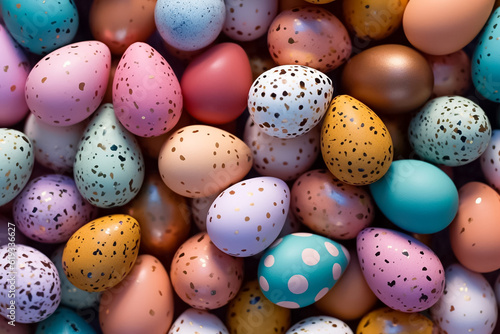 Perfect colorful handmade and beautiful Easter eggs background. Greetings and presents for Easter Day. Generative AI.