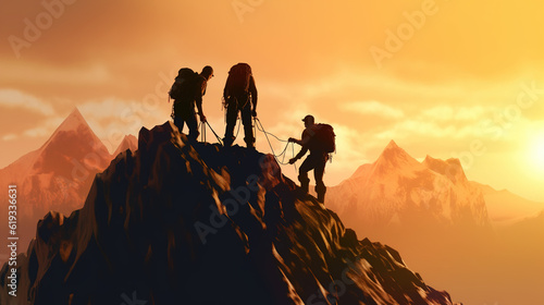 A Traveler, a Mountain Climber, a Person who Helps Others Overcome Obstacles and Reach the Top Together. People Reach out to Help Walk up the Mountain at Sunrise. Generative AI