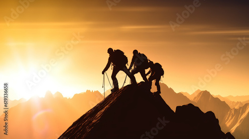 A Traveler  a Mountain Climber  a Person who Helps Others Overcome Obstacles and Reach the Top Together. People Reach out to Help Walk up the Mountain at Sunrise. Generative AI