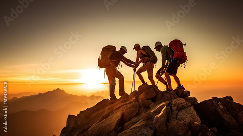 A Traveler  a Mountain Climber  a Person who Helps Others Overcome Obstacles and Reach the Top Together. People Reach out to Help Walk up the Mountain at Sunrise. Generative AI