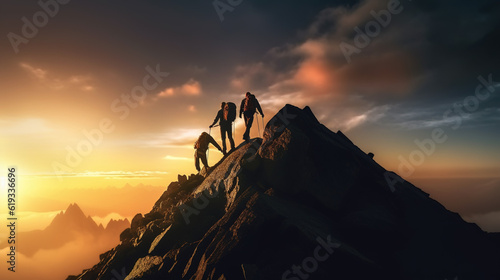 A Traveler, a Mountain Climber, a Person who Helps Others Overcome Obstacles and Reach the Top Together. People Reach out to Help Walk up the Mountain at Sunrise. Generative AI © Phoophinyo