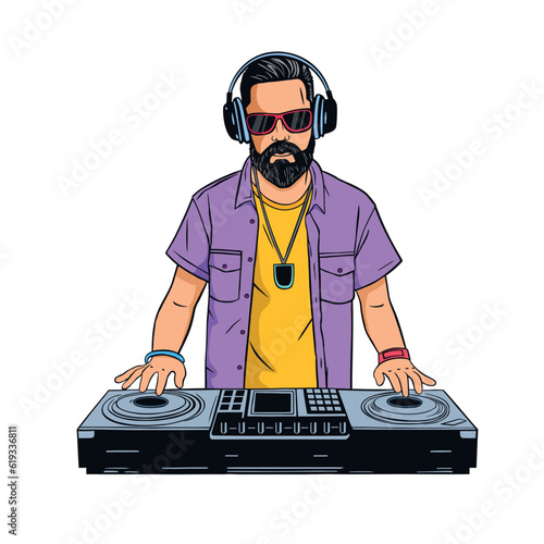 Hipster young DJ with the beard mixing music on turntables. DJ playing and mixing music on deck.