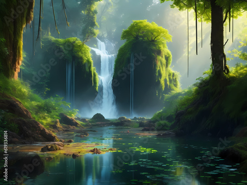 beautiful forest green rainy background with pond, waterfall, water source earthy swamp looking green land island view