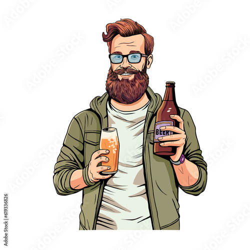 Cheerful bearded man holding a glass of beer and bottle.