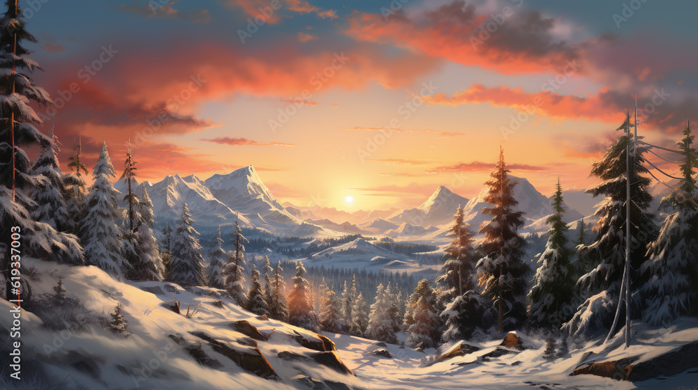 A Snow Mountain and Sunset Sky Background, Beautiful View of Mountains and Trees Covered with Snow and Fog. Generative AI