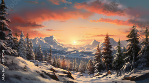 A Snow Mountain and Sunset Sky Background, Beautiful View of Mountains and Trees Covered with Snow and Fog. Generative AI © Phoophinyo