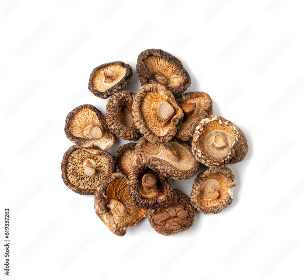 Dry Shiitake Mushrooms Isolated, Raw Shitake Pile, Healthy Organic Asian Fungi Dry Shiitake Mushrooms Isolated, Raw Shitake Pile, Healthy Organic Asian Fungi