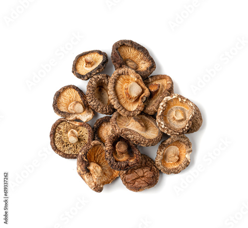 Dry Shiitake Mushrooms Isolated, Raw Shitake Pile, Healthy Organic Asian Fungi