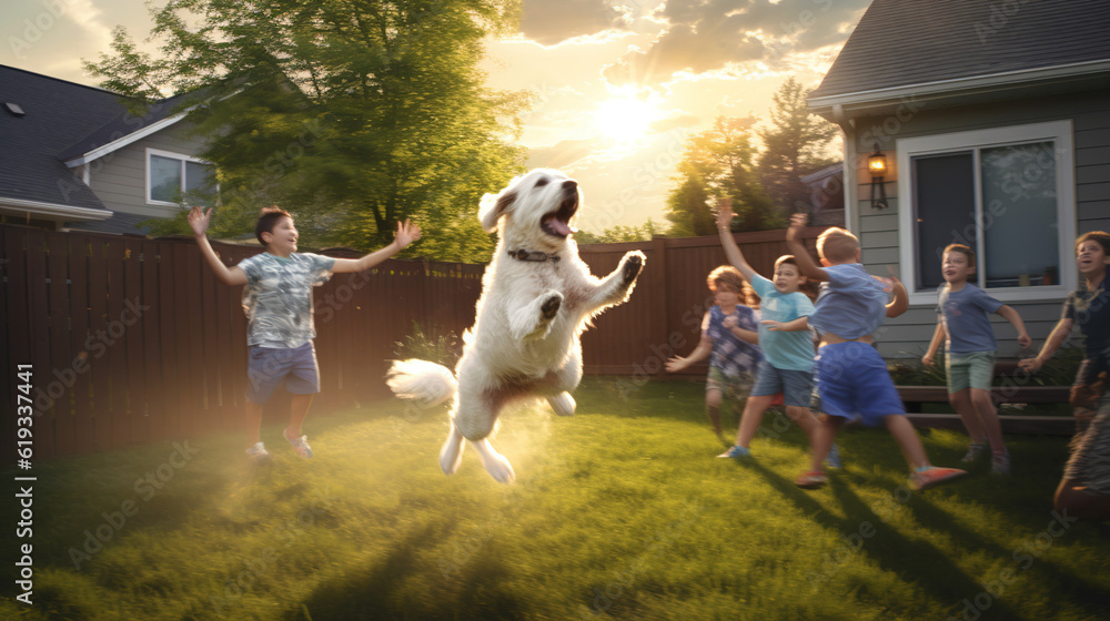 Obraz premium A Family Having Fun with Pet Dog in Park Jumping and Running with Toys Towards Camera. Generative AI