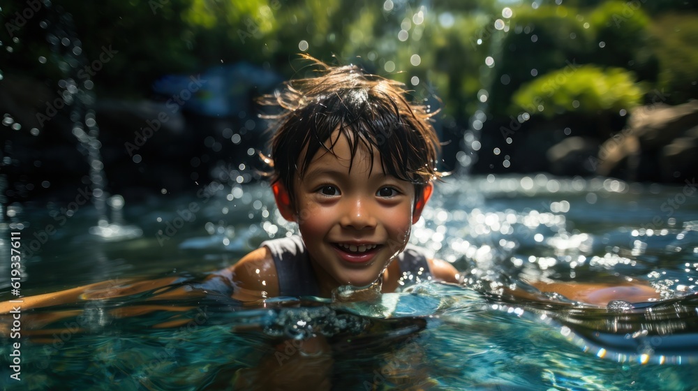 Japanese boy swimming in the pool.