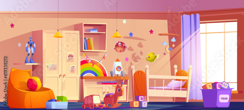 Toddler bedroom with furniture and toys. Vector cartoon illustration of light room with large window, crib, wardrobe, drawer and soft armchair, robot, rocket, cubes in box, rocking horse, wooden car