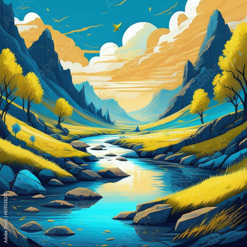 beautiful natural landscape illustrations of mountains and rivers, using generative AI tools 