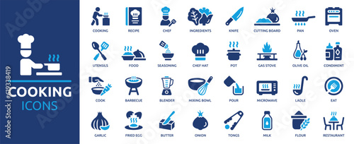Cooking icon set. Containing chef, recipe, restaurant, ingredients, cook, knife, cutting board, pan and oven icons. Solid icon collection. Vector illustration.