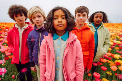 A vibrant group of multicultural diverse children wearing colorful clothes, showcasing their diverse fashion styles and friendship.