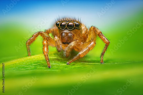 Jumping spider macro closeup on a green leaf and blue sky